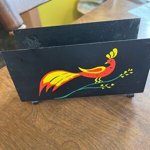 Decorative Black Metal Napkin Holder with Colorful Bird Design